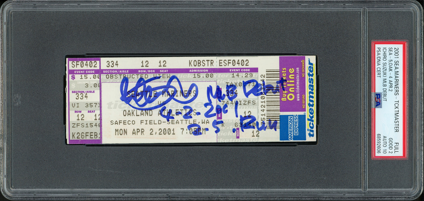 Ichiro Suzuki Autographed April 2nd, 2001 MLB Debut Game Full Ticket Seattle Mariners PSA 2 Auto Grade Gem Mint 10 "4-2-2001 & 2-5 Run" PSA/DNA #68592606