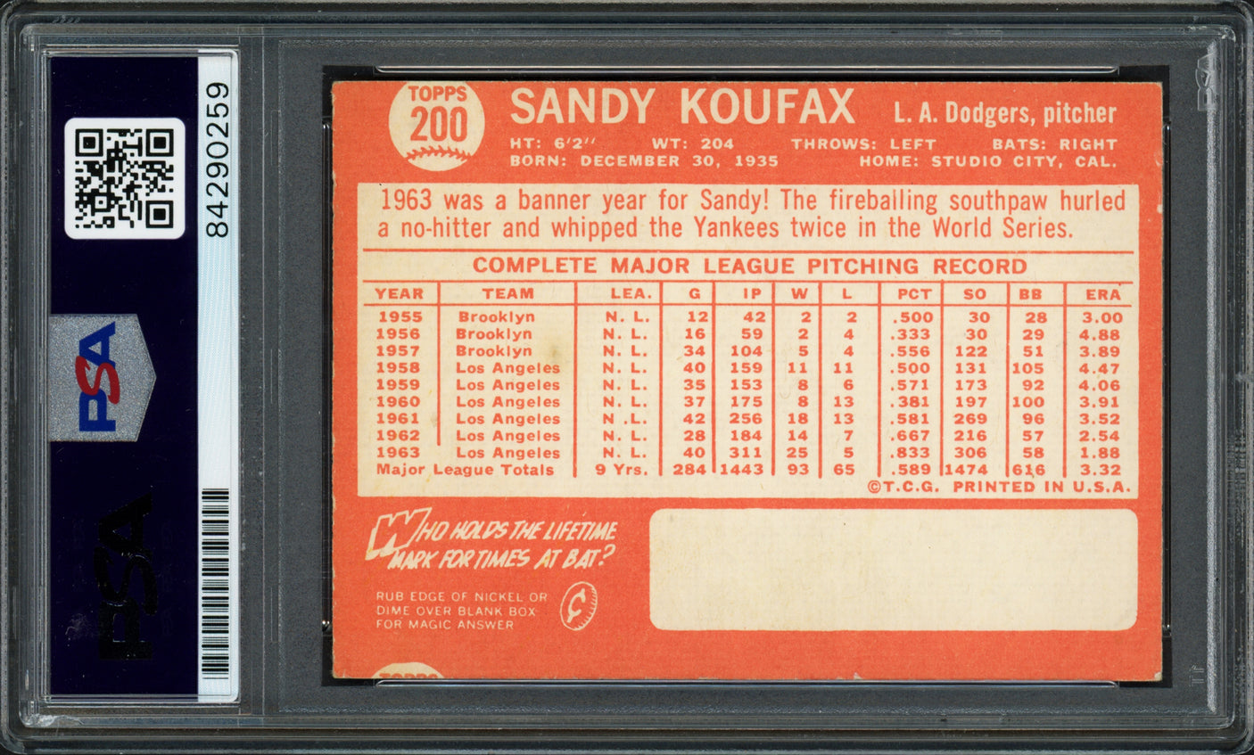 Sandy Koufax Autographed 1964 Topps Card #200 Los Angeles Dodgers PSA/DNA #84290259