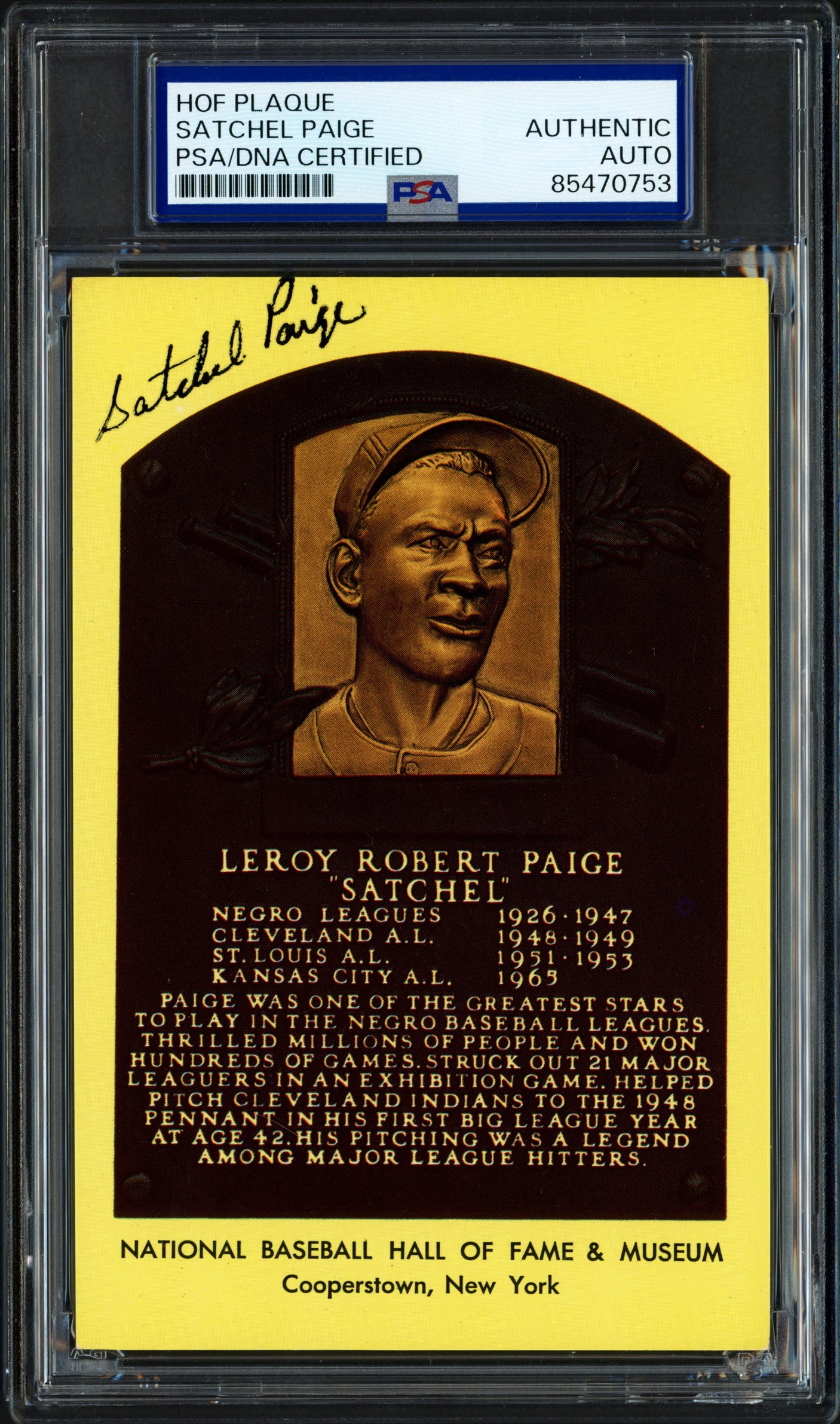 Satchel Paige Autographed Hall of Fame HOF Plaque Postcard Negro Leagues PSA/DNA #85470753