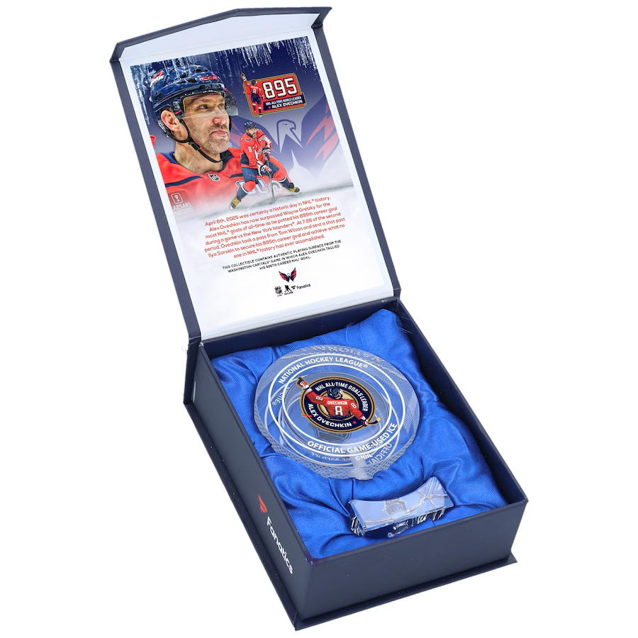 Alexander Ovechkin Washington Capitals Goal 895 Crystal Puck w/ Game Used Ice