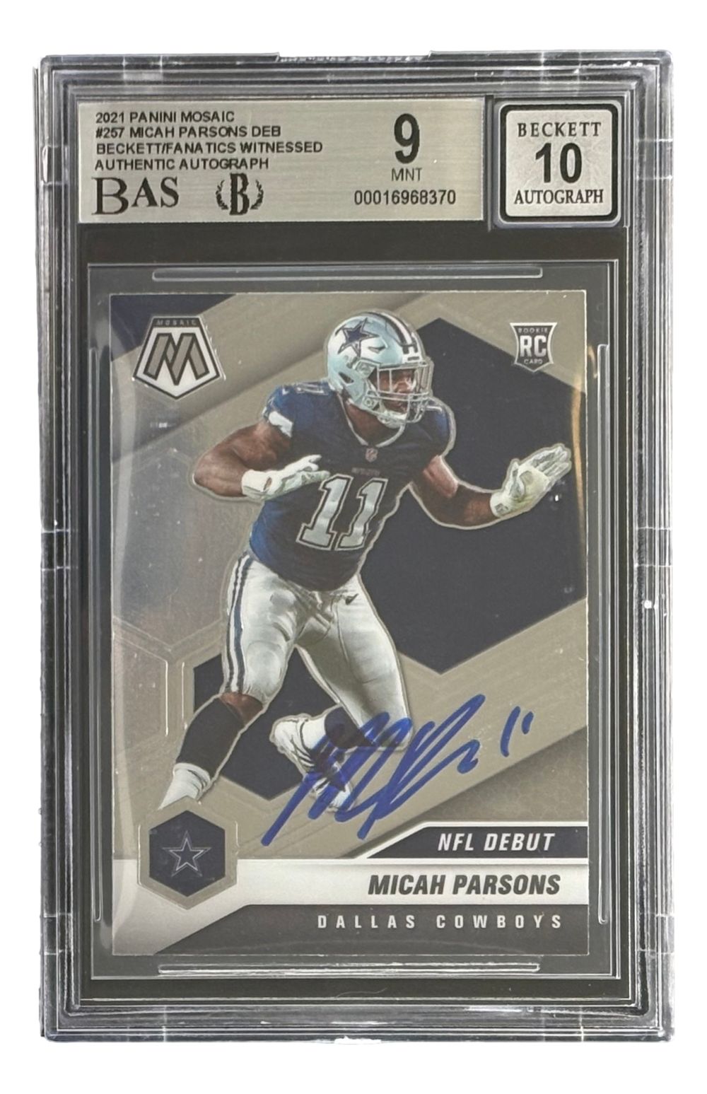 Micah Parsons Signed 2021 Panini Mosaic #257 Cowboys Rookie Card BAS 9 Auto 10