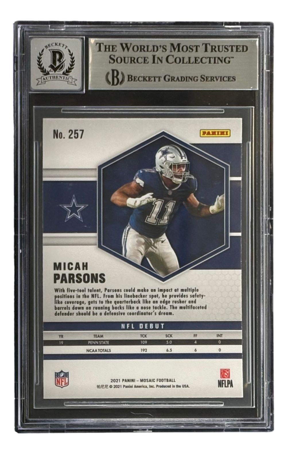 Micah Parsons Signed 2021 Panini Mosaic #257 Cowboys Rookie Card BAS 9 Auto 10