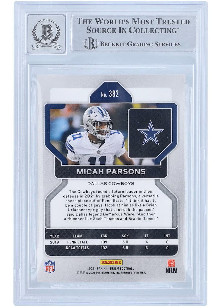 Micah Parsons Signed 2021 Panini Prizm #382 Cowboys Rookie Card BAS Auto 10