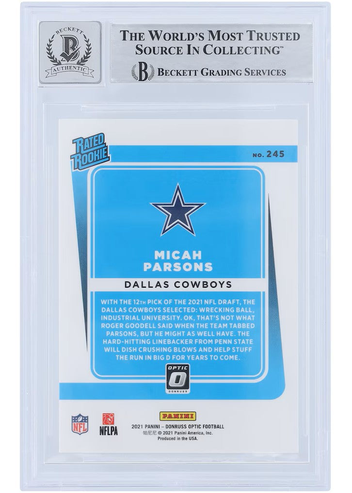 Micah Parsons Signed 2021 Donruss Optic #245 Cowboys Rookie Card BAS 9 Auto 10