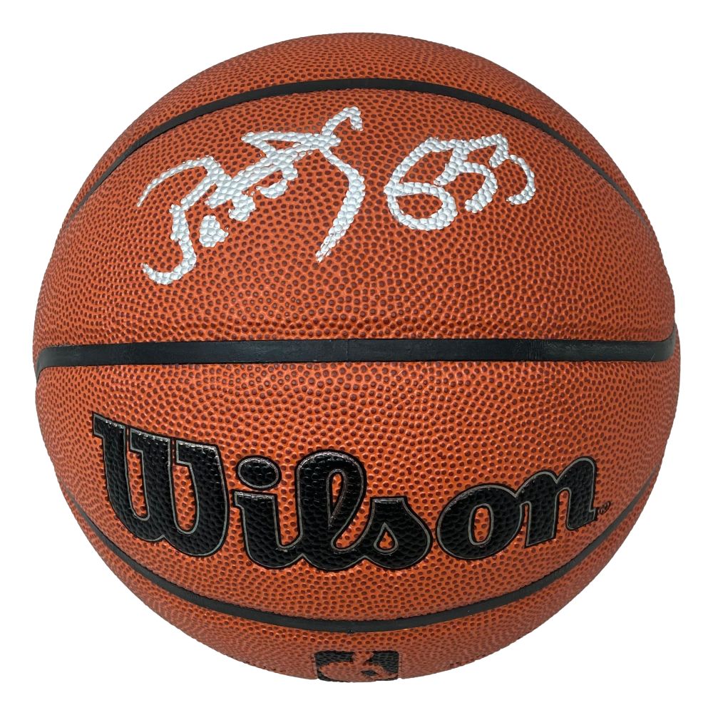 A Sports Integrity Patrick Ewing New York Knicks signed NBA Wilson I/O basketball with a visible black logo and white signature on one of the panels.