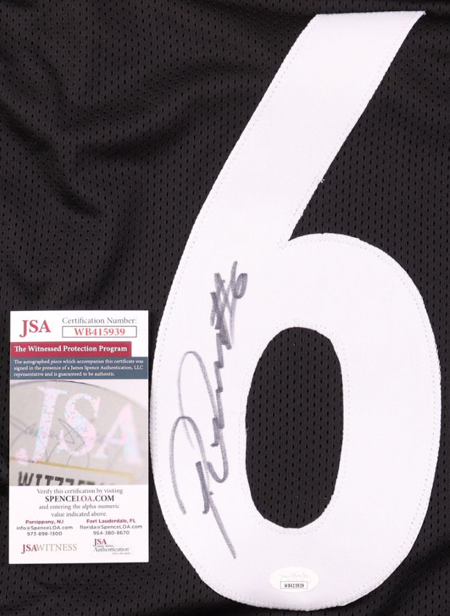 The Sports Integrity Patrick Queen Pittsburgh Signed Black Football Jersey features a large white number 6 and comes with JSA authentication card WW415139 confirming the autograph's authenticity.