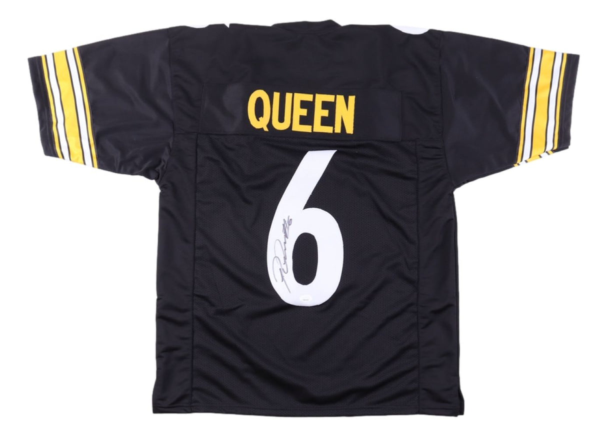 A black Patrick Queen Pittsburgh football jersey by Sports Integrity, featuring yellow and white striped sleeves, "QUEEN" and number 6 on the back with a signature on the 6. Authenticated by JSA.