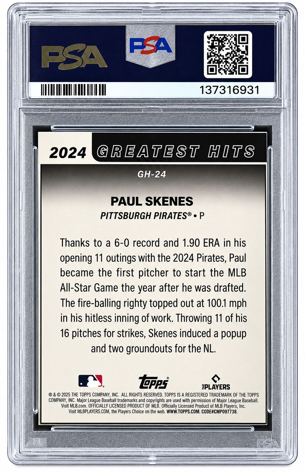 2025 Topps Greatest Hits #GH24 Paul Skenes Trading Card PSA Good 6 Auto 9