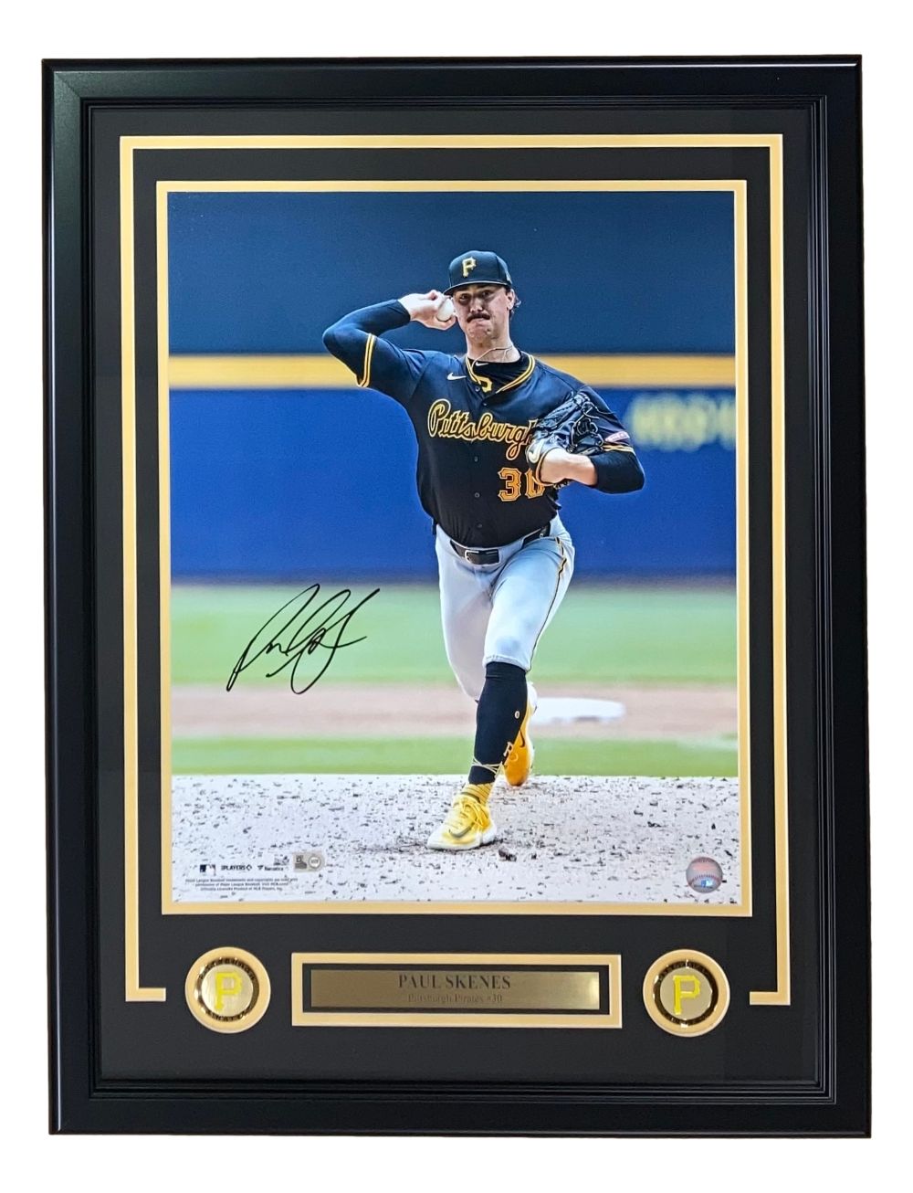 Sports Integrity Paul Skenes Signed Framed 16x20 Photo features him mid-pitch in a black Pittsburgh Pirates jersey, with a nameplate and two team logos. Includes MLB Holo authentication.