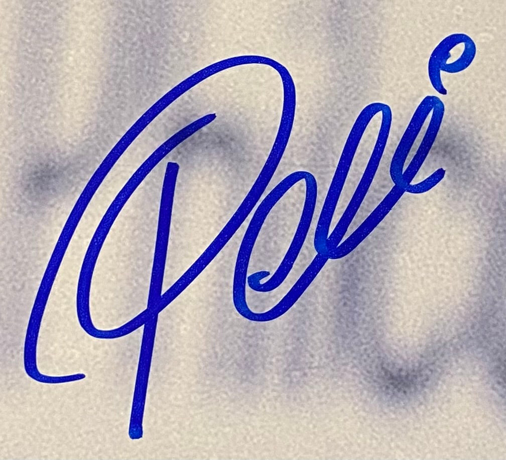 Pele's bold blue signature, with a large looping P and accented e, appears on a light, textured 16x20 soccer dribbling photo—Sports Integrity's Fanatics authenticated collectible.