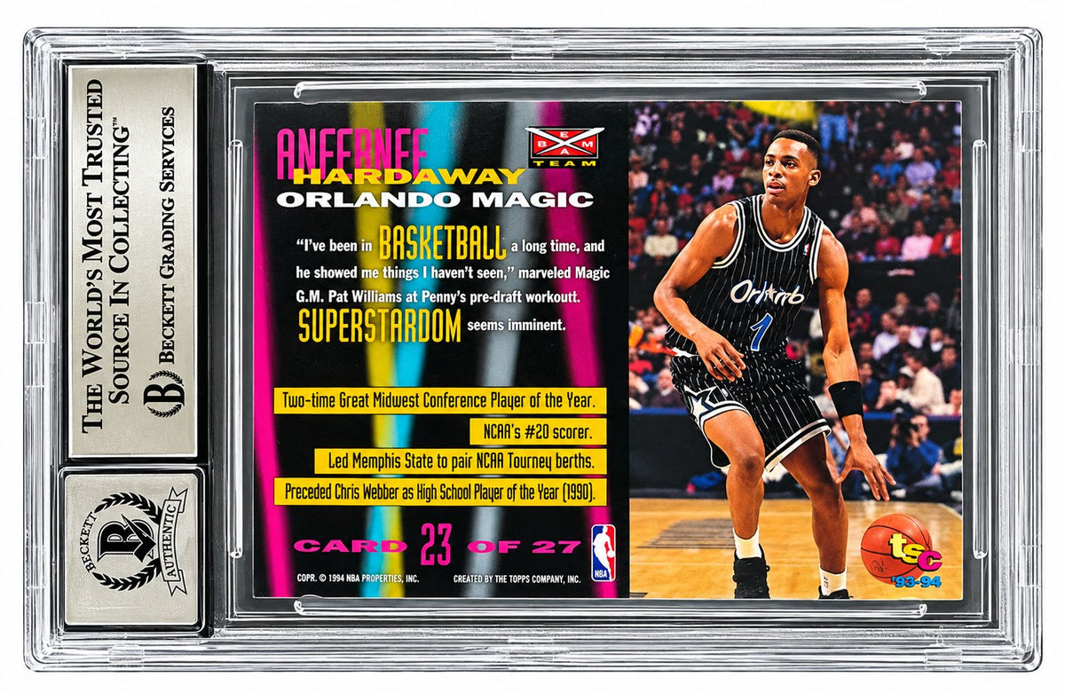 Penny Hardaway Signed 1993-94 Stadium Club #23 Magic Rookie Card BAS Auto 10