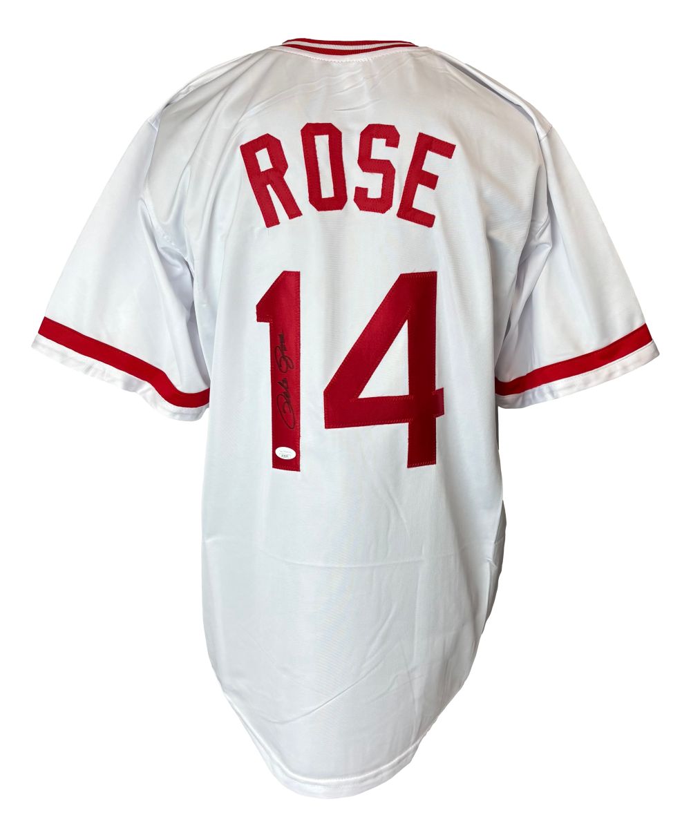 Sports Integrity Pete Rose Cincinnati Signed White Baseball Jersey, features red trim, ROSE and number 14 in red on the back, with the number 4 hand-signed in black ink. JSA authenticated.