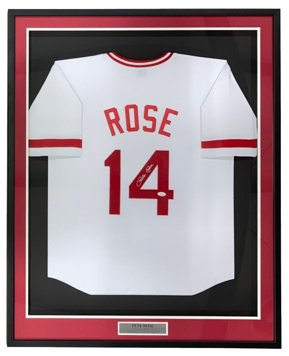 The Sports Integrity Pete Rose Cincinnati Signed Framed White Baseball Jersey (JSA Hologram) features ROSE and number 14 in red, with a signature and a plaque that reads Pete Rose.