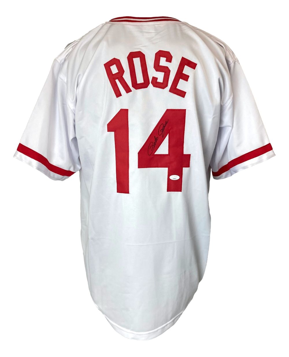 A Sports Integrity Pete Rose Cincinnati white baseball jersey with red trim, featuring "ROSE" and #14 in red on the back. The number 4 is signed in black. Authenticated by JSA.
