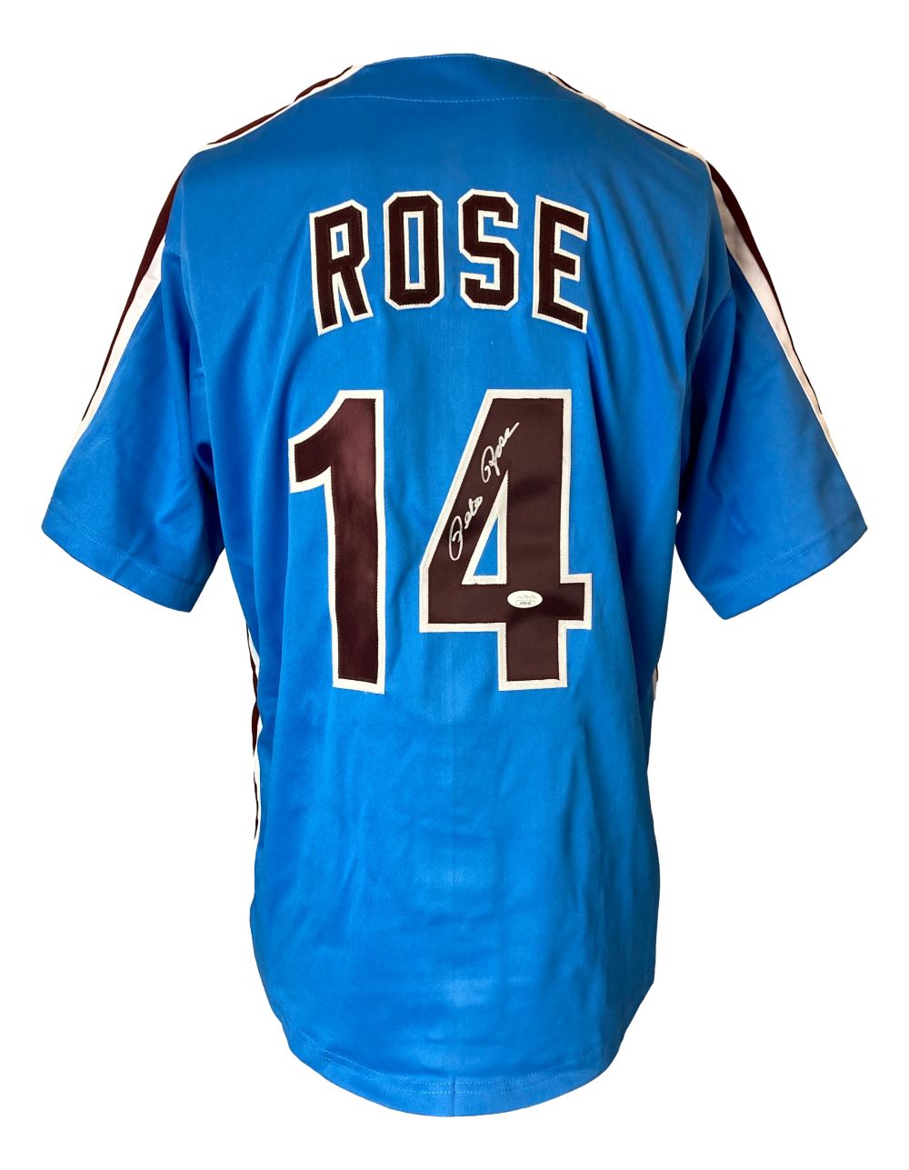 The Sports Integrity Pete Rose Philadelphia Signed Blue Baseball Jersey features “ROSE” and number 14 in white and brown on the back, with a white autograph on the 4, plus white and brown sleeve stripes. Includes JSA hologram.