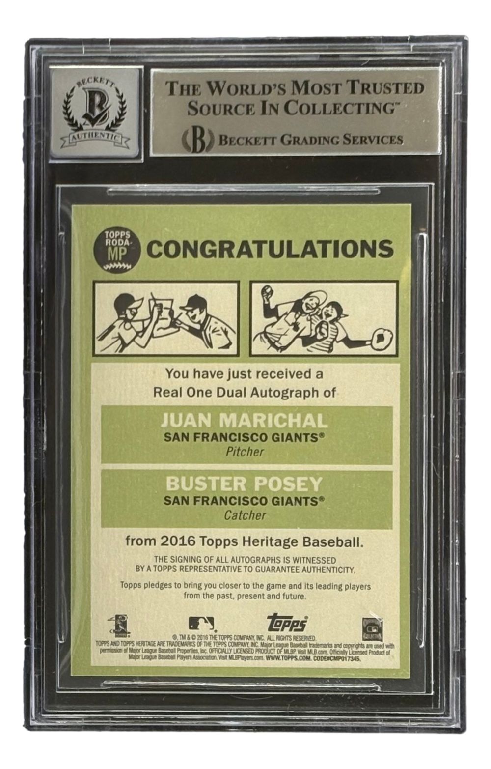 Juan Marichal Buster Posey Signed 2016 Topps Heritage #RODAMP Card BAS Auto 10