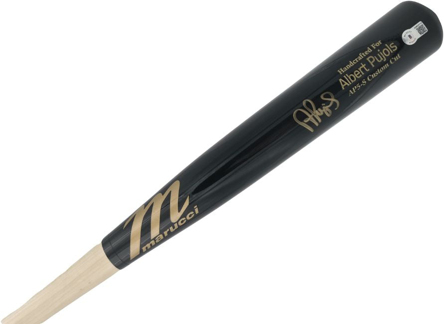 The Sports Integrity Albert Pujols St. Louis Cardinals Signed Marucci Players Model Bat features a black and natural wood finish, gold signature, and custom text on the barrel.