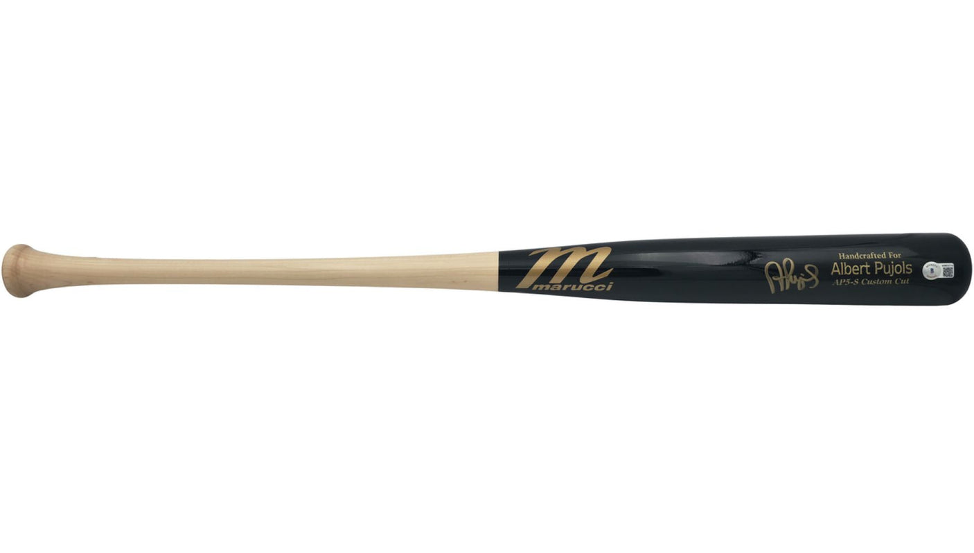 The Sports Integrity Albert Pujols St. Louis Cardinals Signed Marucci Players Model Bat features a natural wood handle, black barrel, and gold text with his name and signature.