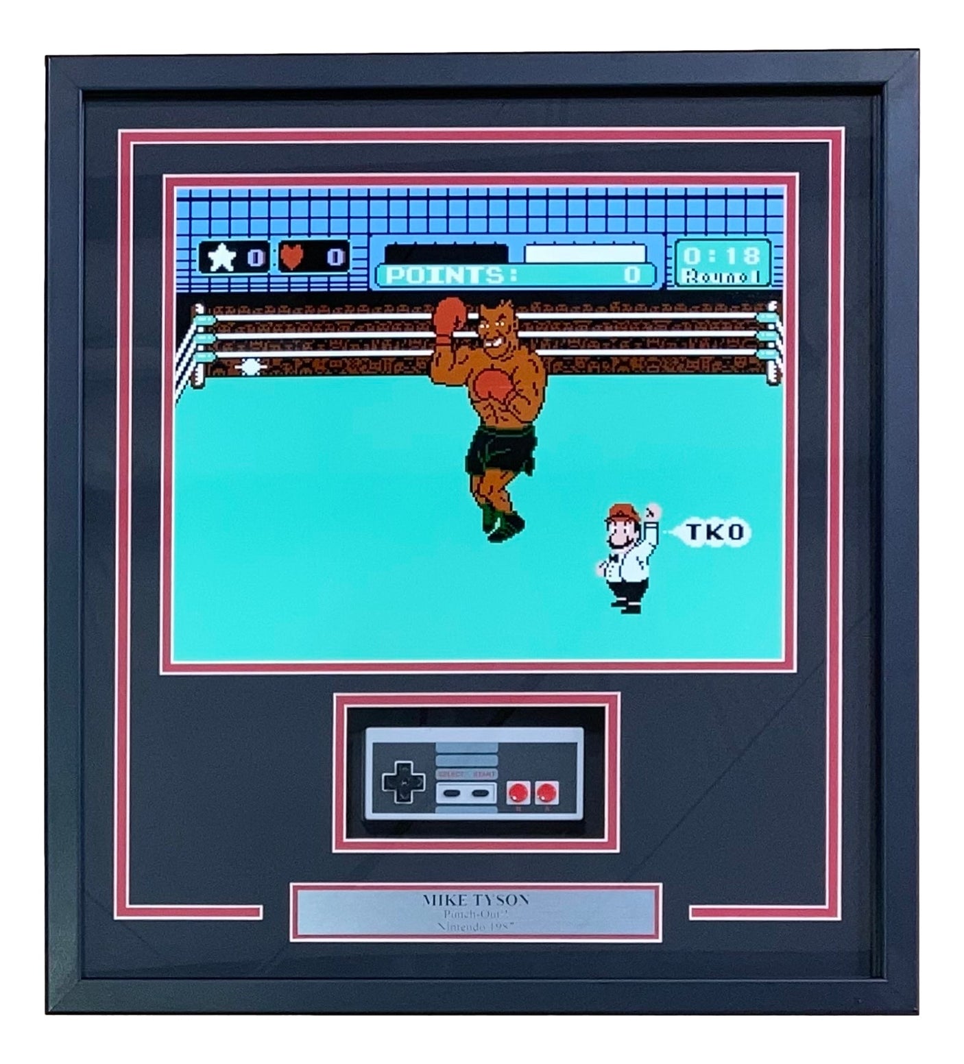 The Sports Integrity Mike Tyson Framed 11x14 Punch Out Photo includes a NES controller, TKO screen image, orange boxing gloves artwork, and nameplate reading "Mike Tyson.