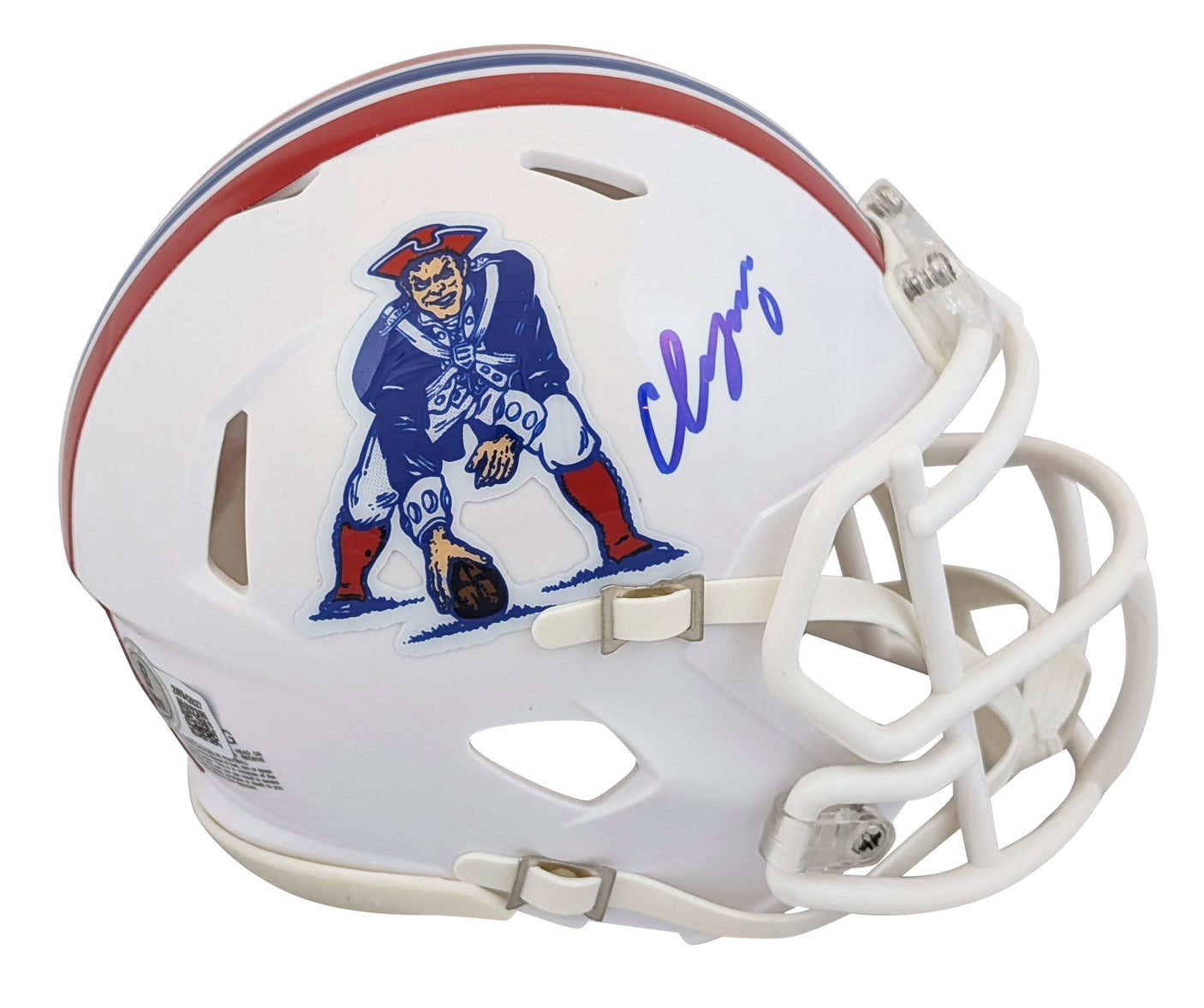 Patriots Christian Gonzalez Signed 1982-89 TB Speed Mini Helmet W/ Case BAS Wit
