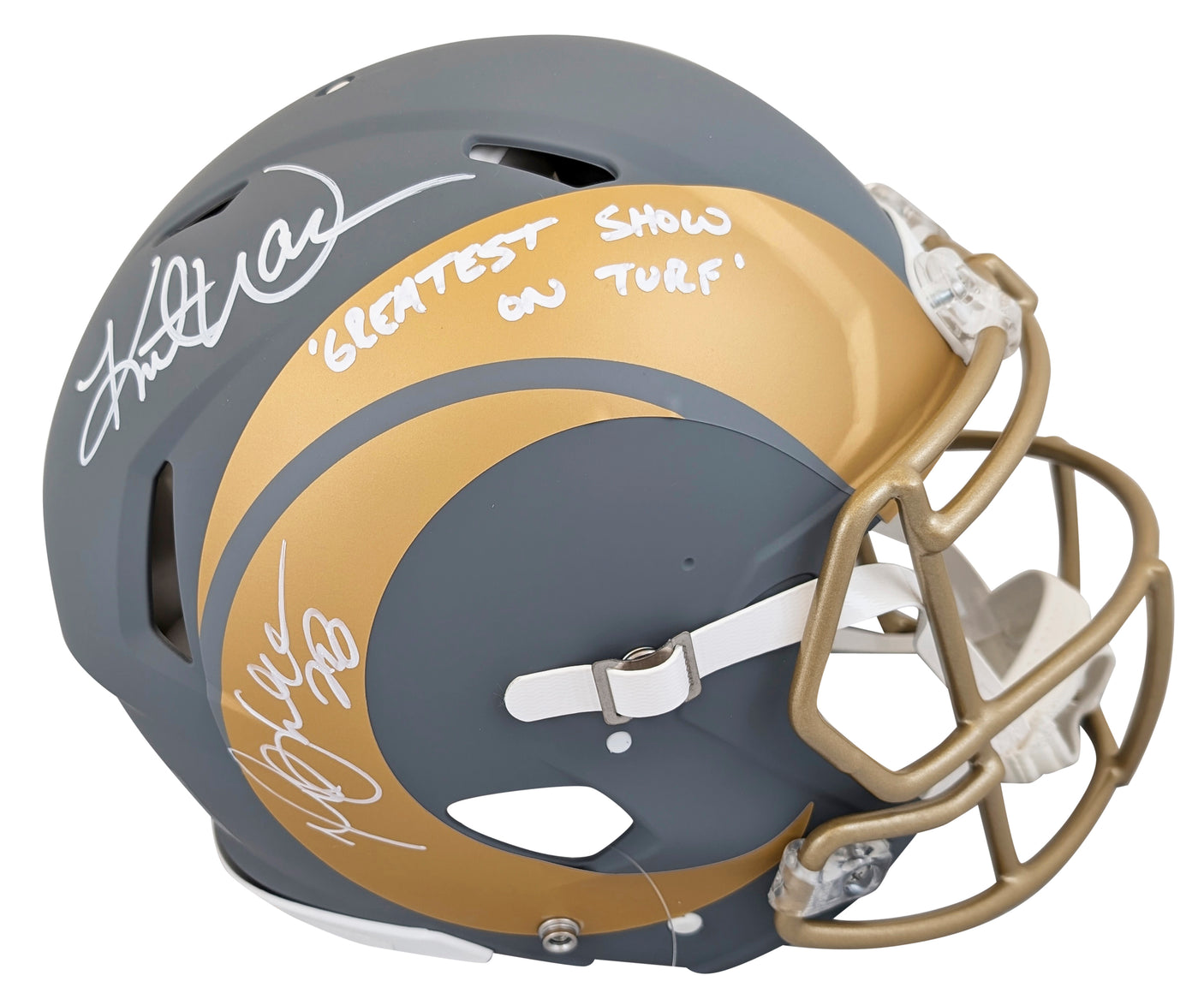 Rams Marshall Faulk & Kurt Warner Signed Slate F/S Speed Proline Helmet BAS Wit