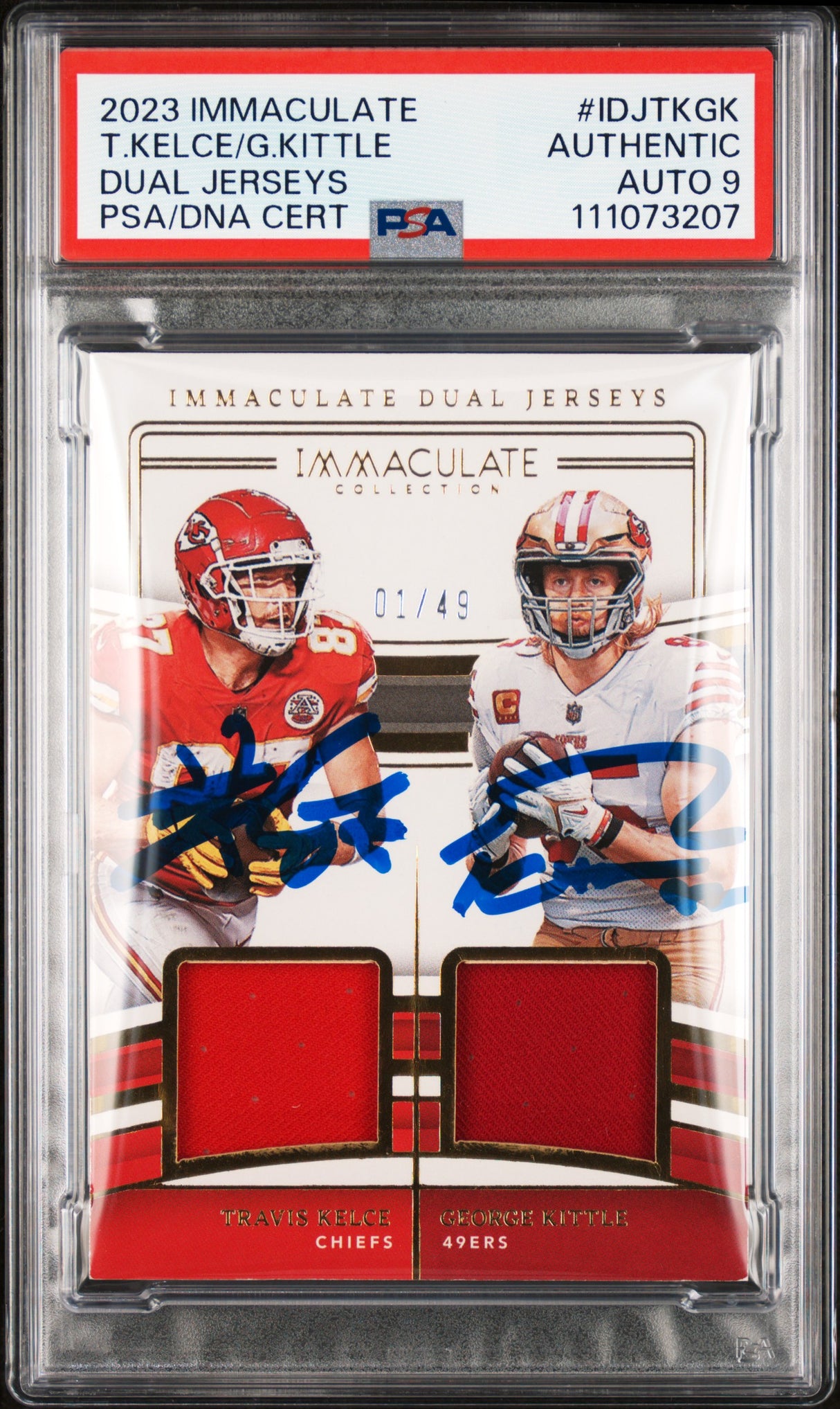 Travis Kelce & George Kittle Signed 2023 IDJ #IDJTKGK Card Auto 9 PSA Slabbed 2