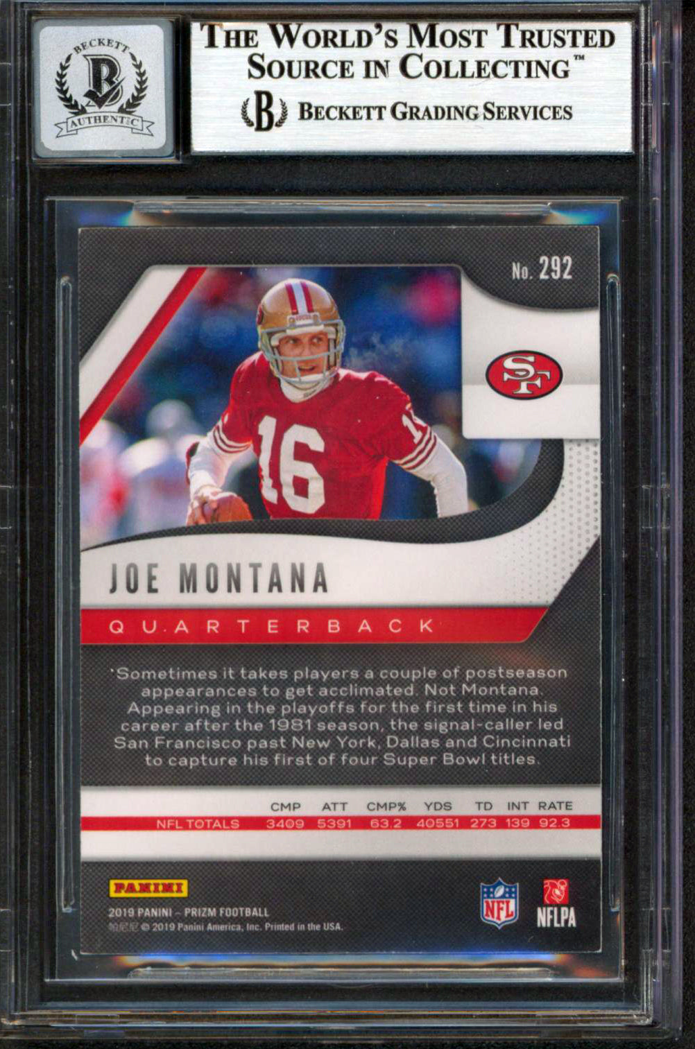 49ers Joe Montana Signed 2019 Panini Prizm #292 Card Auto Graded 10! BAS Slabbed