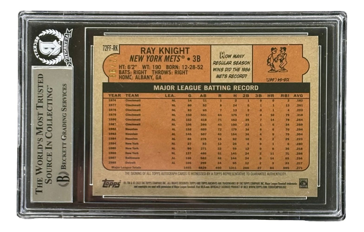 A Ray Knight Signed 2022 Topps Archives #72FFRK Mets Trading Card LE/99 by Sports Integrity, graded and authenticated by BAS. The card features stats, biographical details, and a trivia cartoon on the back.