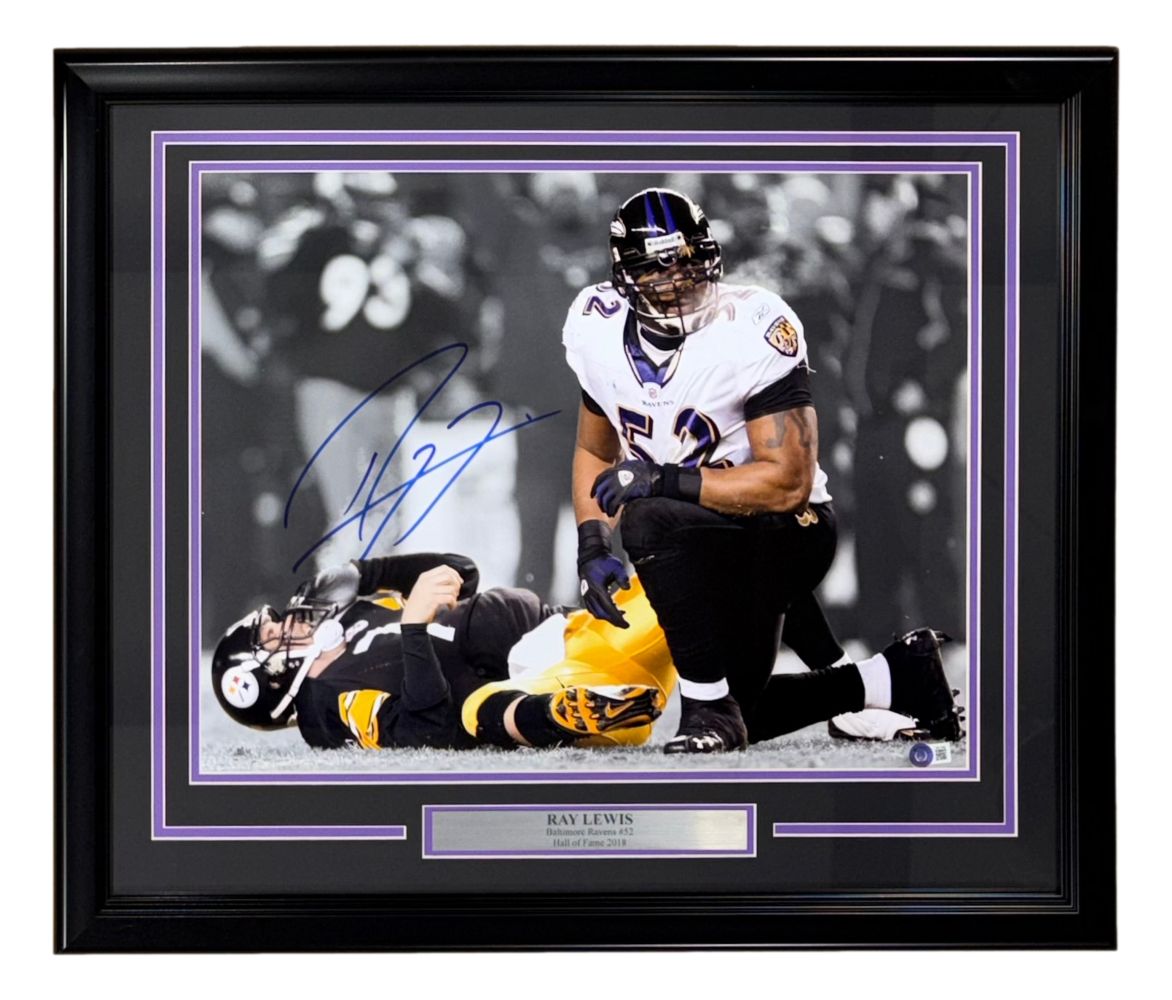 Ray Lewis Signed Framed 16x20 Baltimore Ravens Sack vs Steelers Photo BAS