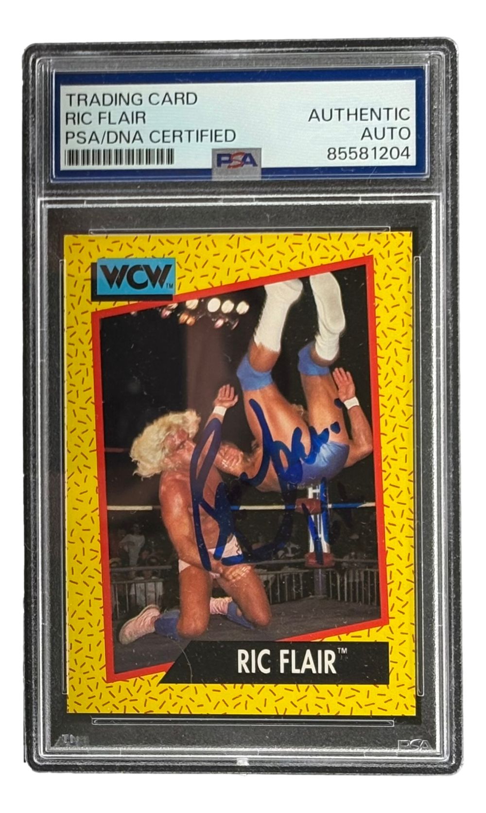 Sports Integrity Ric Flair Signed 1991 WCW #40 Trading Card, 16x Inscribed, PSA-authenticated with serial #85581204. Features Ric Flair wrestling in the ring, blue ink autograph labeled AUTHENTIC AUTO, in protective case.
