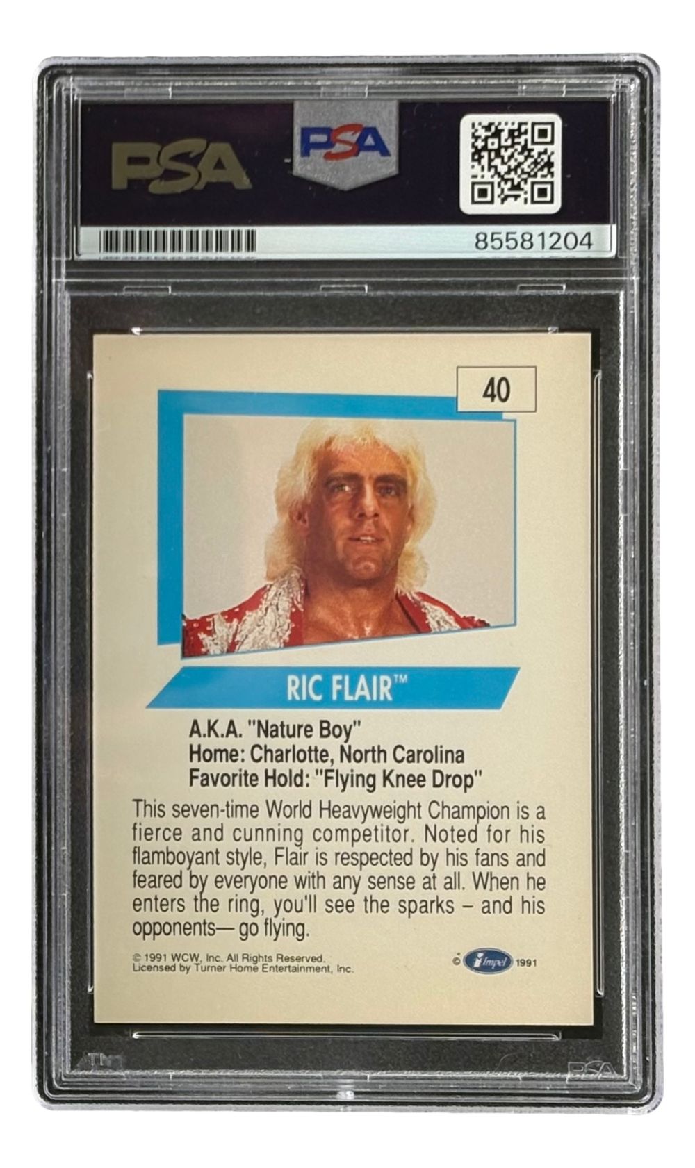 The Ric Flair Signed 1991 WCW #40 Wrestling Trading Card by Sports Integrity features a PSA-graded, 16x inscribed card with his portrait and biographical details encased in protective plastic.