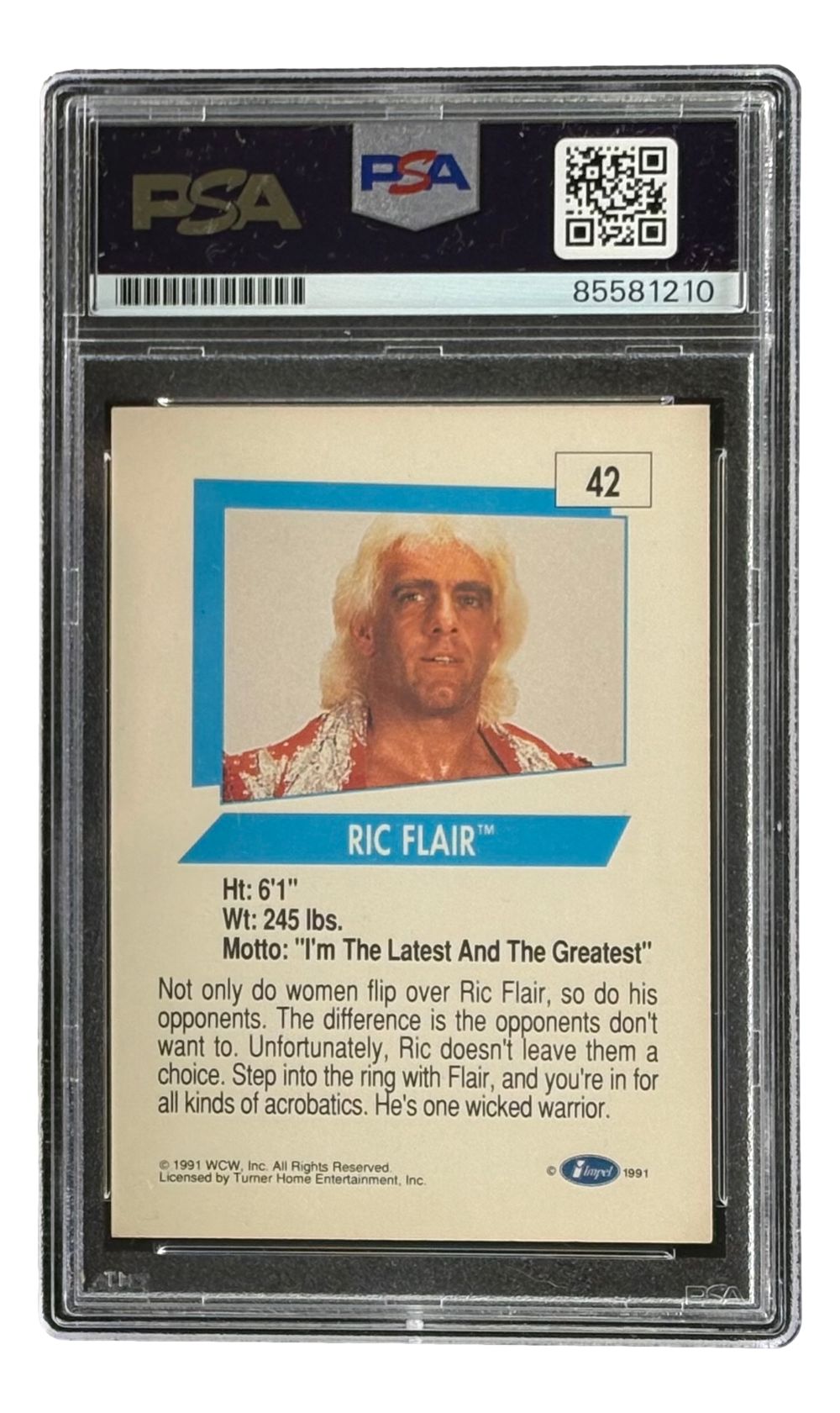 The Sports Integrity Ric Flair Signed 1991 WCW #42 Trading Card features his photo, stats, "Im The Latest And The Greatest!" inscription, PSA label with barcode and ID, and 16x inscriptions.