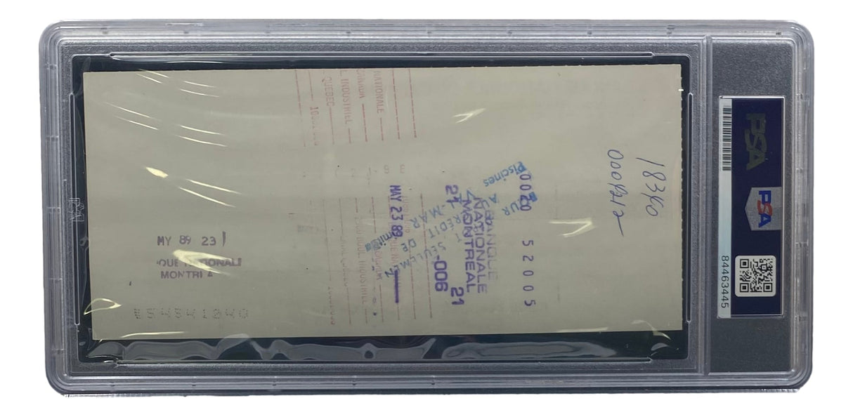 The Maurice Richard Signed Montreal Canadiens Bank Check #90 by Sports Integrity is PSA/DNA slabbed, showcasing blue stamps, signatures, and handwritten numbers. It’s encased in clear plastic with visible PSA labels and a barcode on the right.