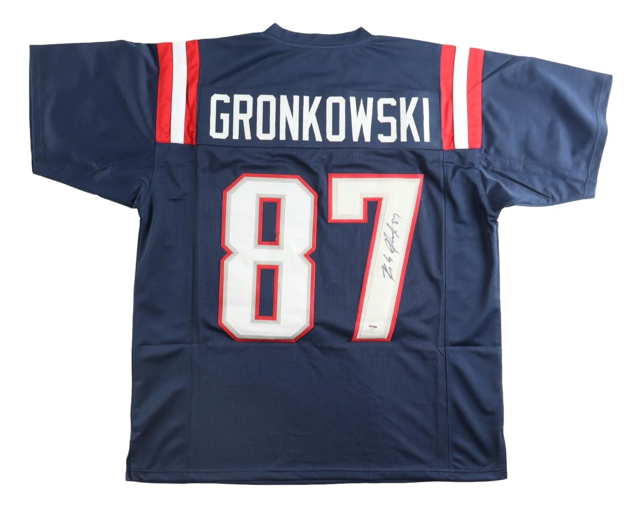 The Sports Integrity Rob Gronkowski New England Signed Alternate Blue Football Jersey features "GRONKOWSKI" and number 87 on the back, with the number hand-signed in black marker and PSA/DNA holo authentication.