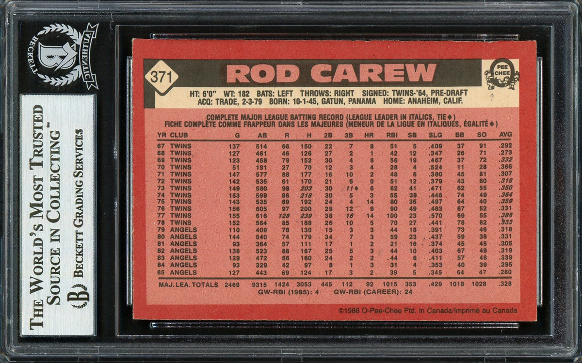 Rod Carew Signed 1986 O-Pee-Chee #371 Angels Trading Card BAS