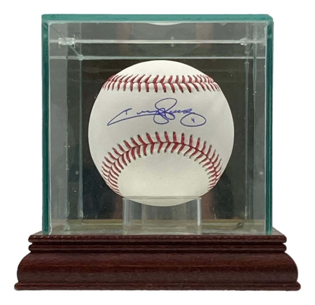 The Sports Integrity Jimmy Rollins Phillies Signed Official MLB Baseball, featuring a PSA hologram and blue ink signature on the sweet spot, is displayed in a clear glass case with a wooden base.