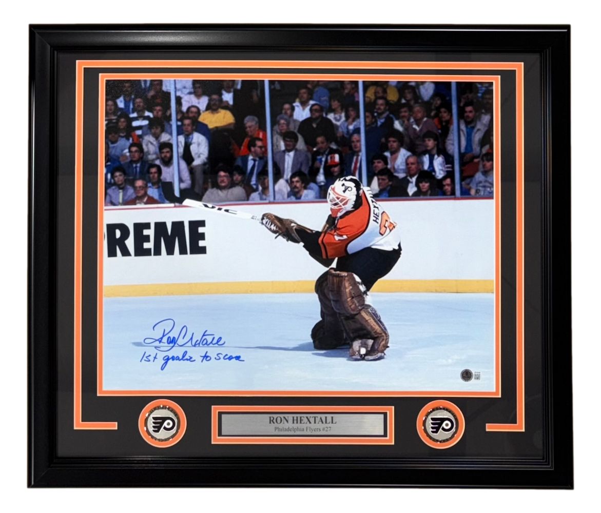 Ron Hextall Signed Framed 16x20 Flyers Goal Photo 1st Goalie To Score BAS