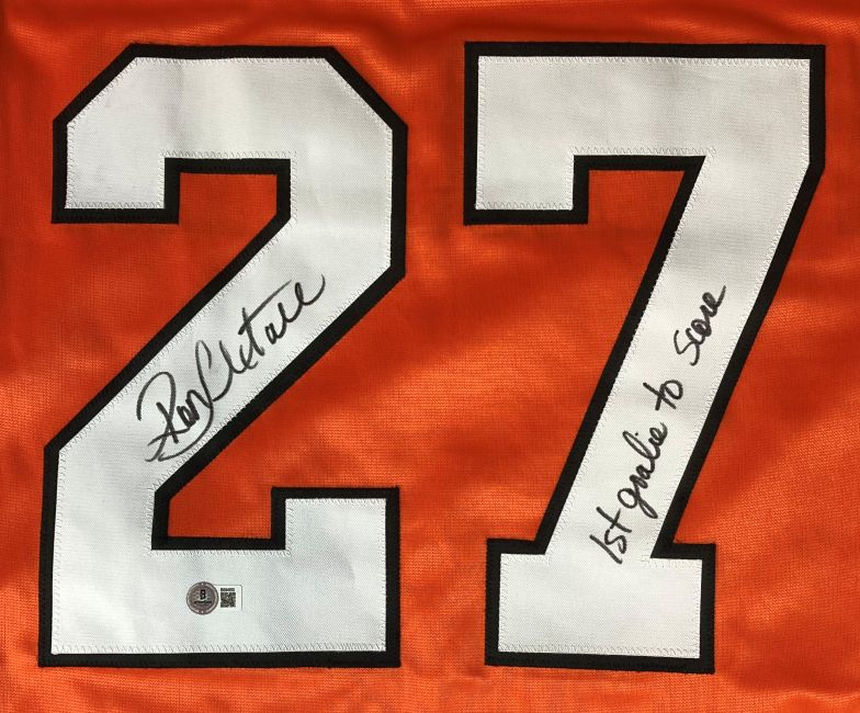 Ron Hextall Philadelphia Signed Orange Hockey Jersey 1st Goalie To Score BAS