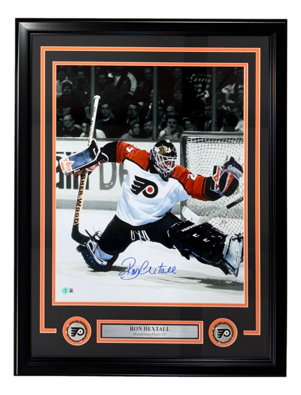 Sports Integrity’s Ron Hextall Signed Framed 16x20 Philadelphia Flyers Save Photo features Hextall in action and includes his autograph in blue ink plus a nameplate, making it a perfect collectible for any Flyers fan.