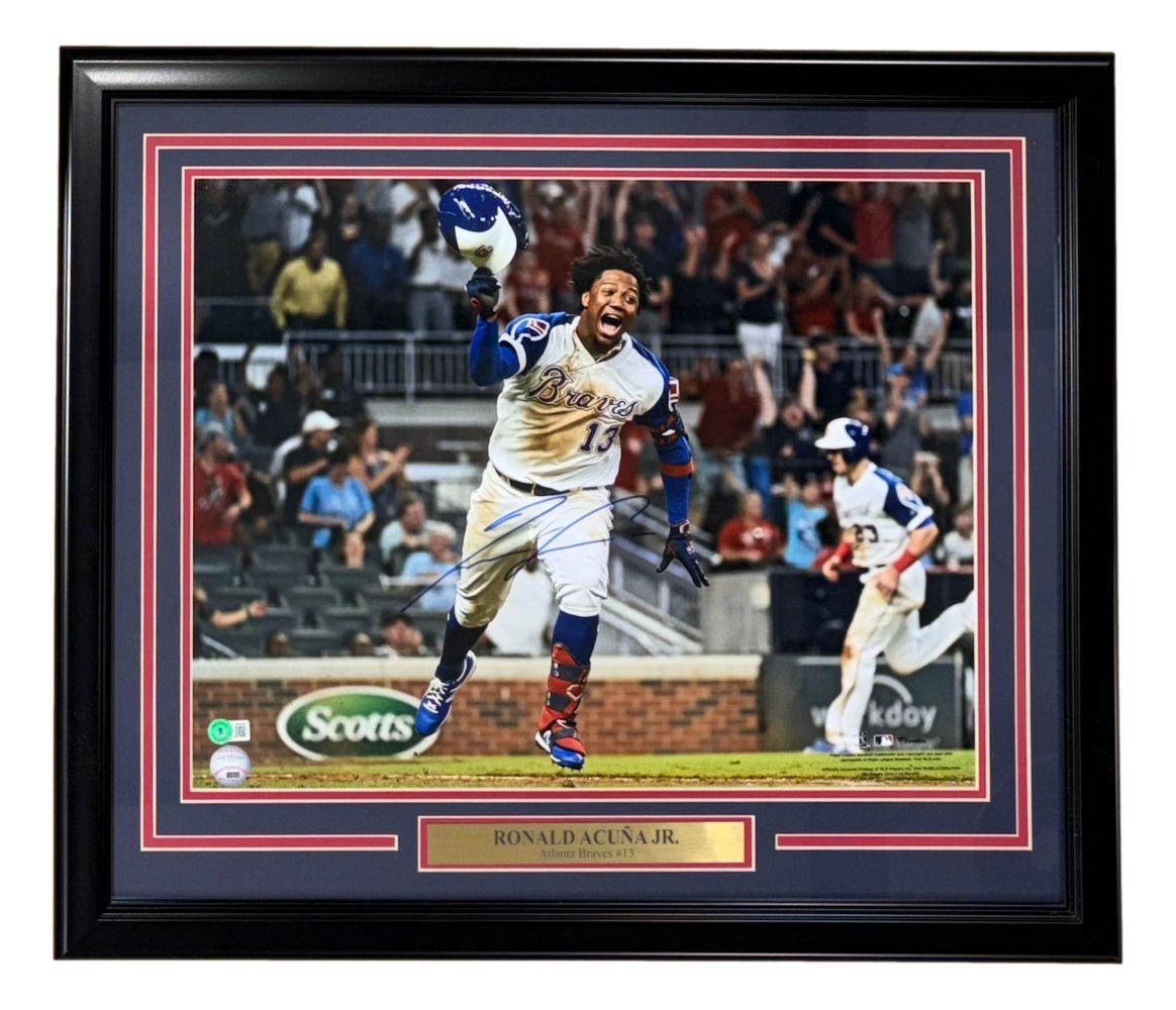 Ronald Acuna Jr. Signed Framed 16x20 Atlanta Braves Throwback Jersey Photo BAS