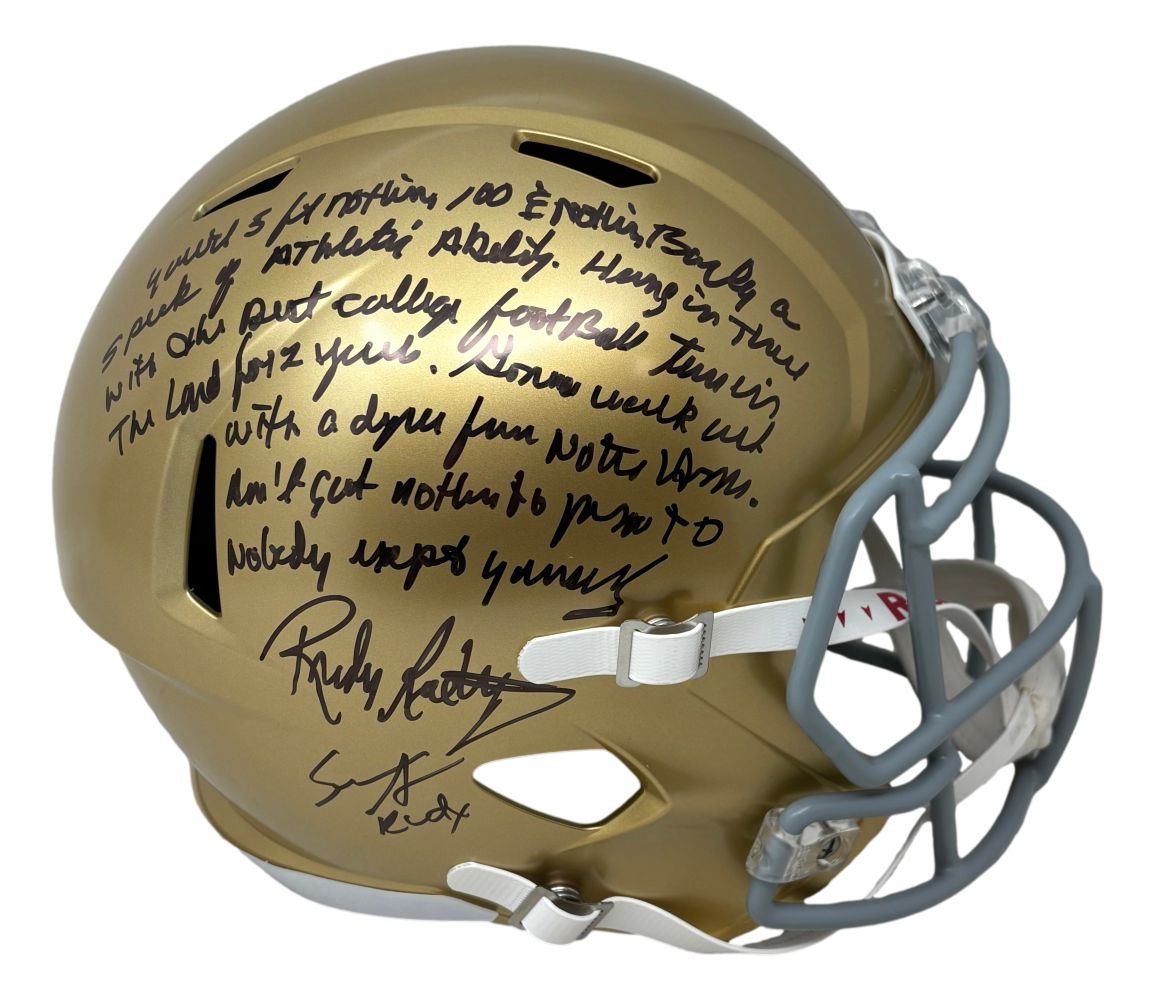 Rudy Ruettiger Sean Astin Signed Notre Dame FS Rep Helmet w/ Movie Quote BAS+JSA