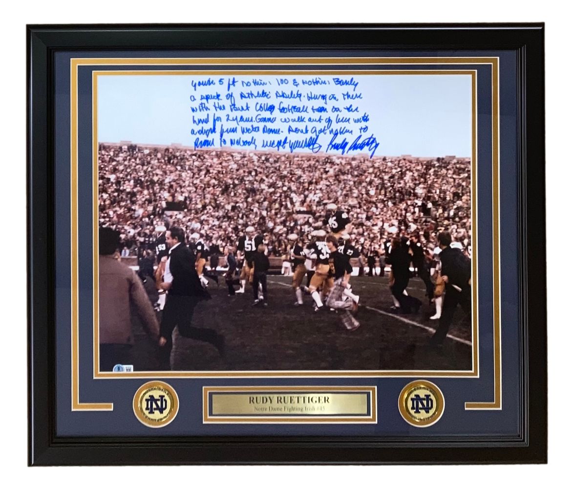 Rudy Ruettiger Signed Framed 16x20 Notre Dame Photo 5 Foot Nothin Quote BAS