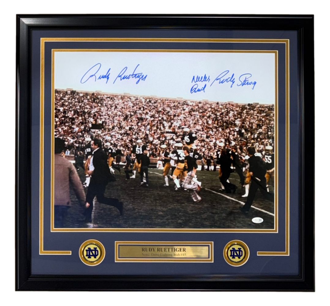 Rudy Ruettiger Signed Frame 16x20 Notre Dame Photo Never Quit Rudy Strong JSA QR