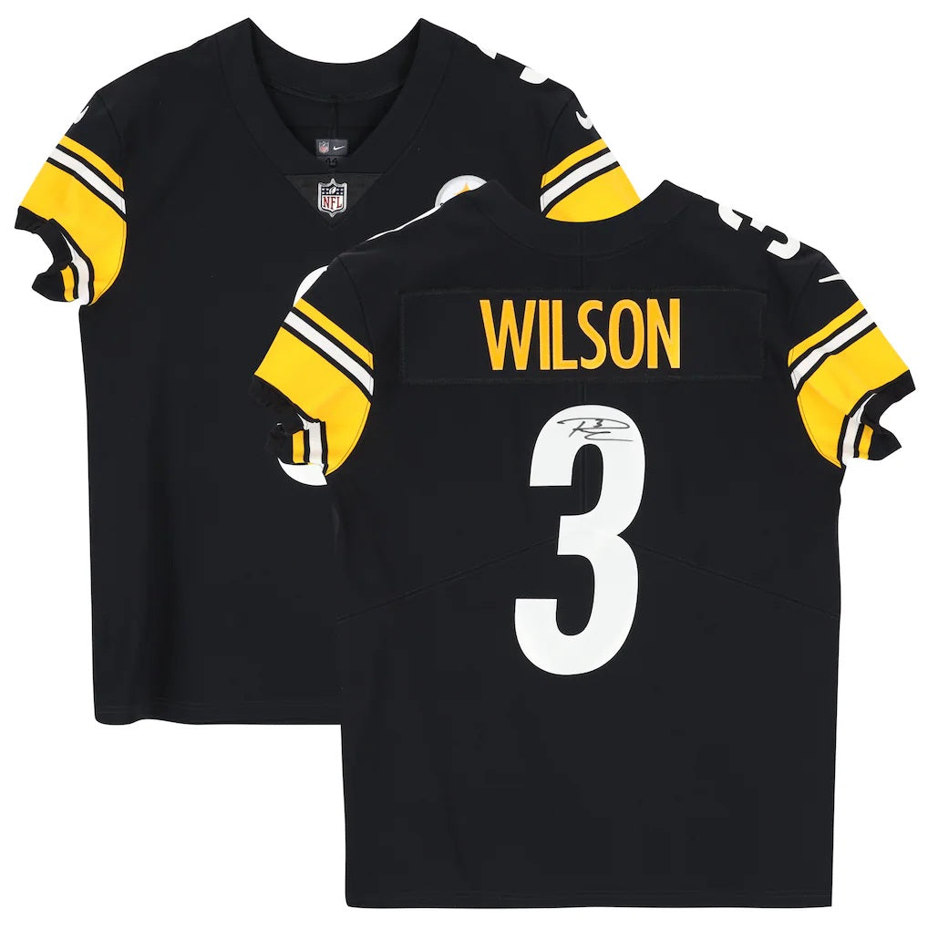 The Sports Integrity Russell Wilson Signed Pittsburgh Steelers Nike Elite Jersey Fanatics features black with yellow and white details, number 3, "Wilson" on the back, and an autograph above the number; shown from front and back.