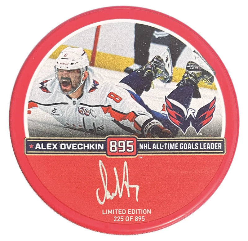 Alexander Ovechkin Autographed Washington Capitals Red 895th Goal Hockey Puck LE 895 Fanatics
