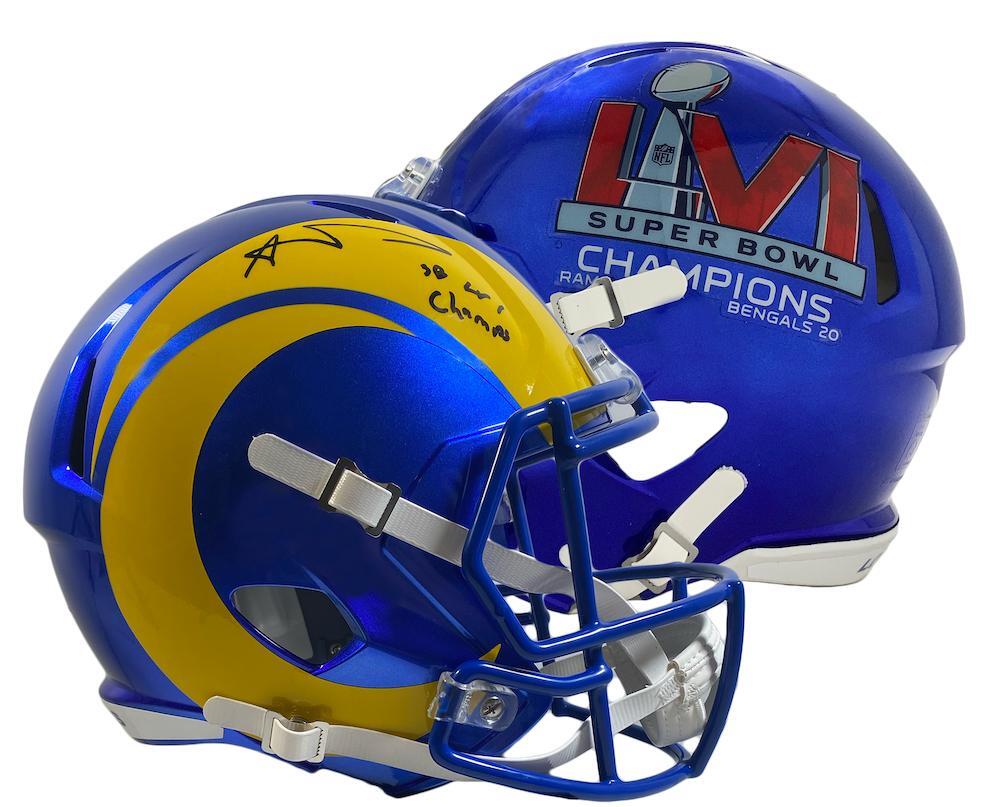 AARON DONALD Autographed/Inscribed "SB LVI Champs " Los Angeles Rams Super Bowl LVI Champions Logo Speed Full Size Helmet FANATICS