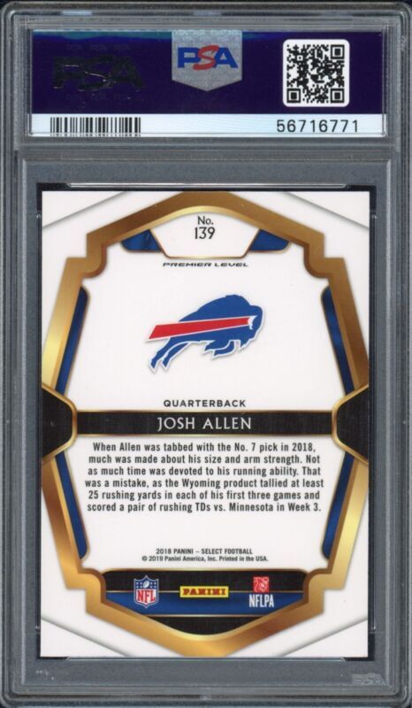 JOSH ALLEN 2018 PANINI SELECT RC #139 Bills PSA GEM MINT 10