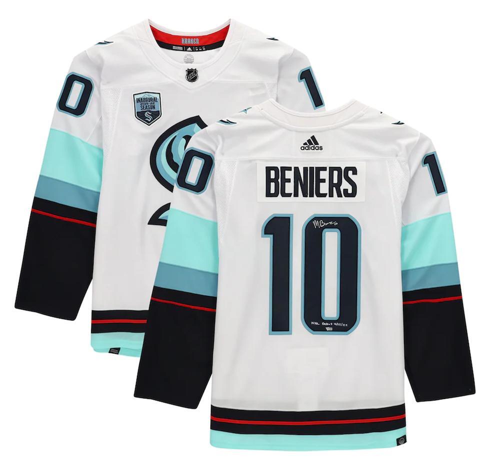MATT BENIERS Autographed/Inscribed "NHL Debut 4/12/22" Seattle Kraken White Adidas Jersey FANATICS