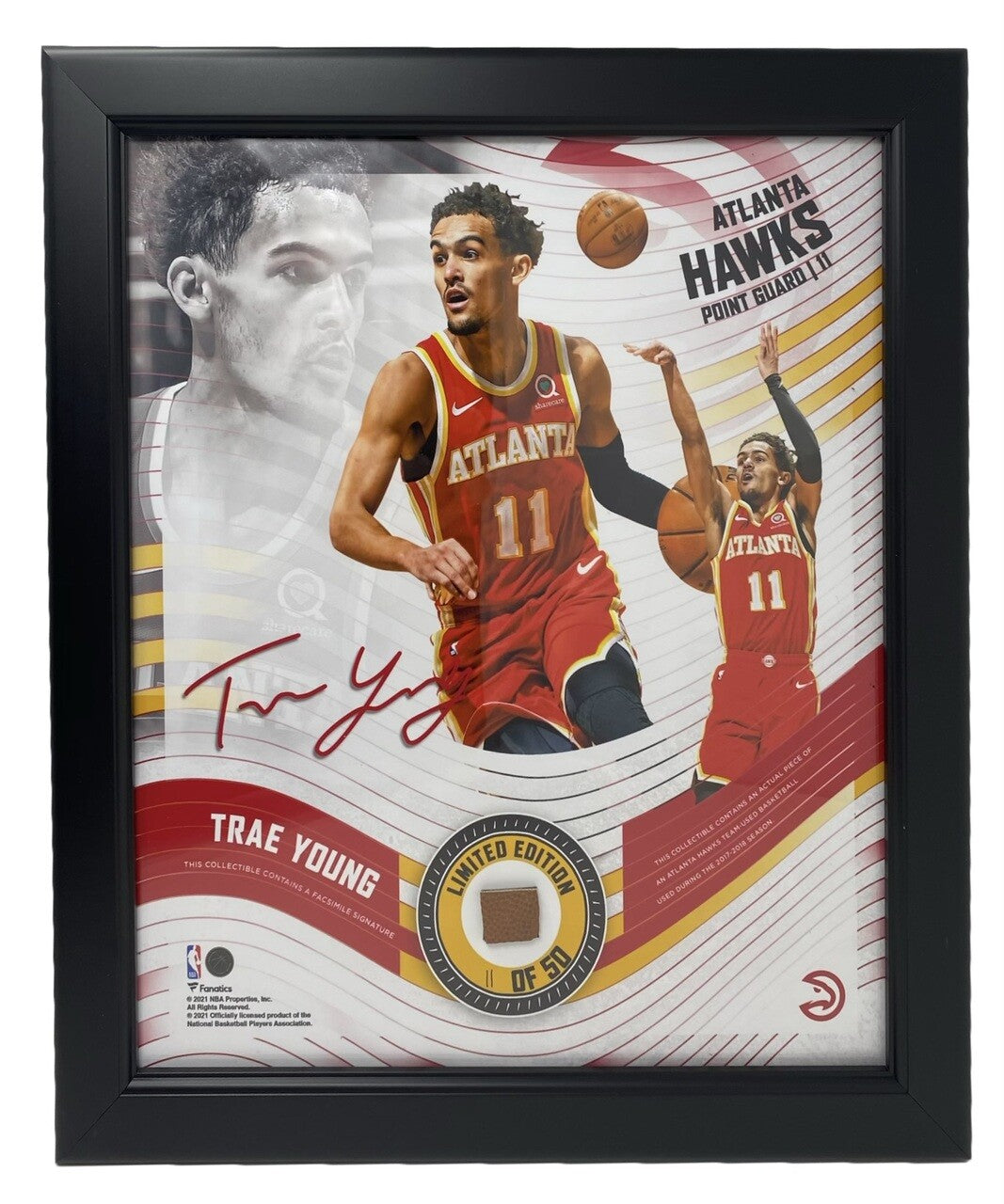 TRAE YOUNG Hawks Framed 15" x 17" Game Used Basketball Collage LE 11/50