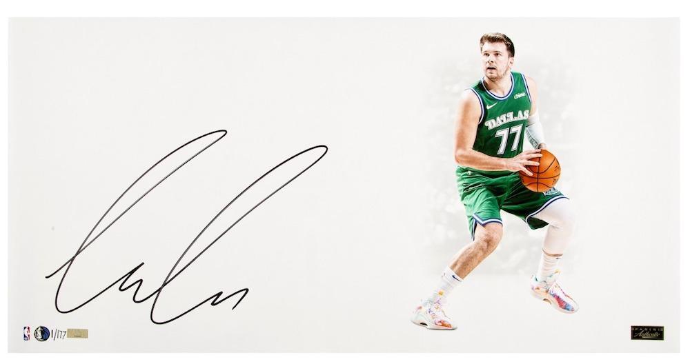LUKA DONCIC Autographed Dallas Mavericks "White Out" 14" x 28" Photograph PANINI LE 177